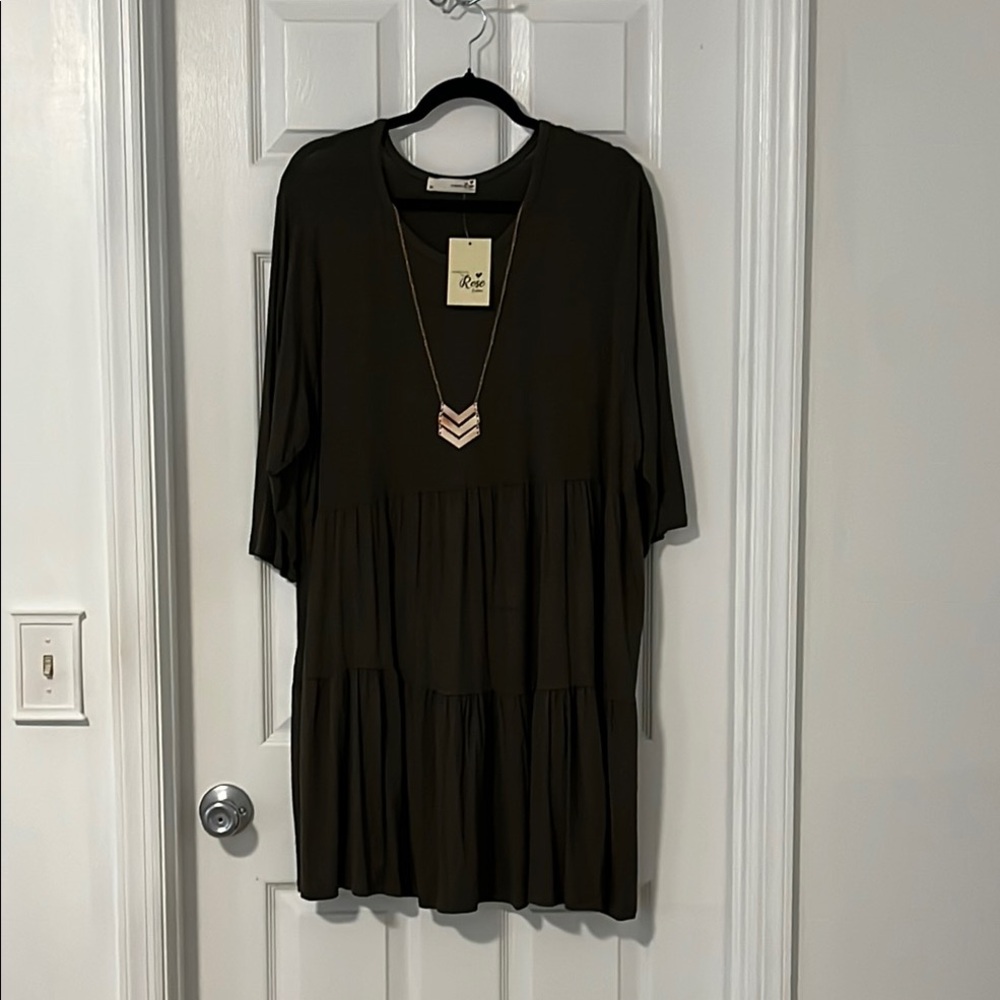 Olive Deep Forest Green Light Weight Fun Casual Relaxed Midi Dress 3/4 Sleeves